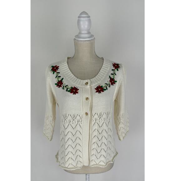 CB Career VTG Knit Cardigan Sweater Holiday Poinsettia Christmas Womens Large - Picture 1 of 9